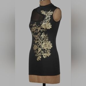 black sleeveless dress with a gold floral pattern. Size Medium. Short. Sheer Top